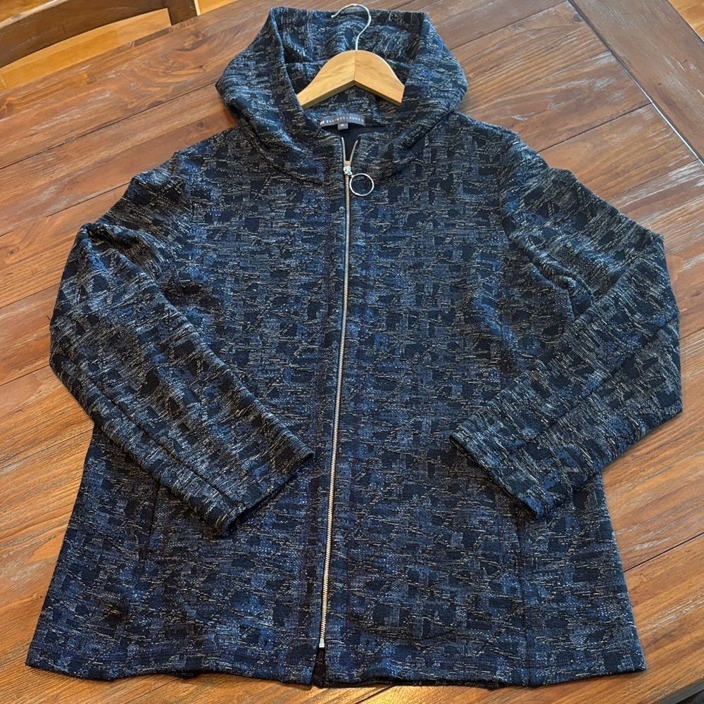 Elliott Lauren Hooded Zip Jacket | Textured Knit Black Blue With Pockets  | XL